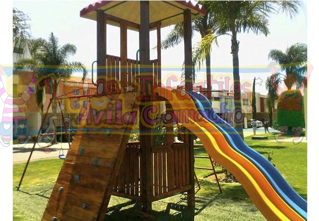 Torre de metal infantil con •Casita de muñecas en madera •Muro de rapel •Escalera •2 Resbaladillas de 1.70 de alto •Columpios •toldo en fibra de vidrio.

ELIGE LOS ACCESORIOS, COLORES Y MAS